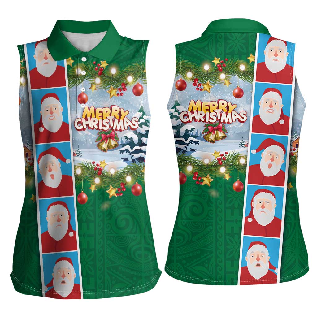 Merry Christmas Women Sleeveless Polo Shirt Funny Santa Claus Cards Photo and Polynesian Pattern Green Color