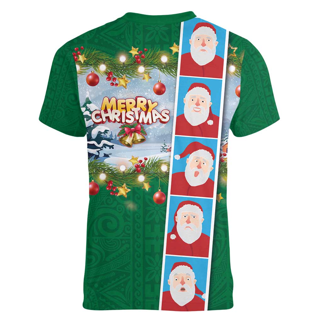 Merry Christmas Women V-Neck T-Shirt Funny Santa Claus Cards Photo and Polynesian Pattern Green Color