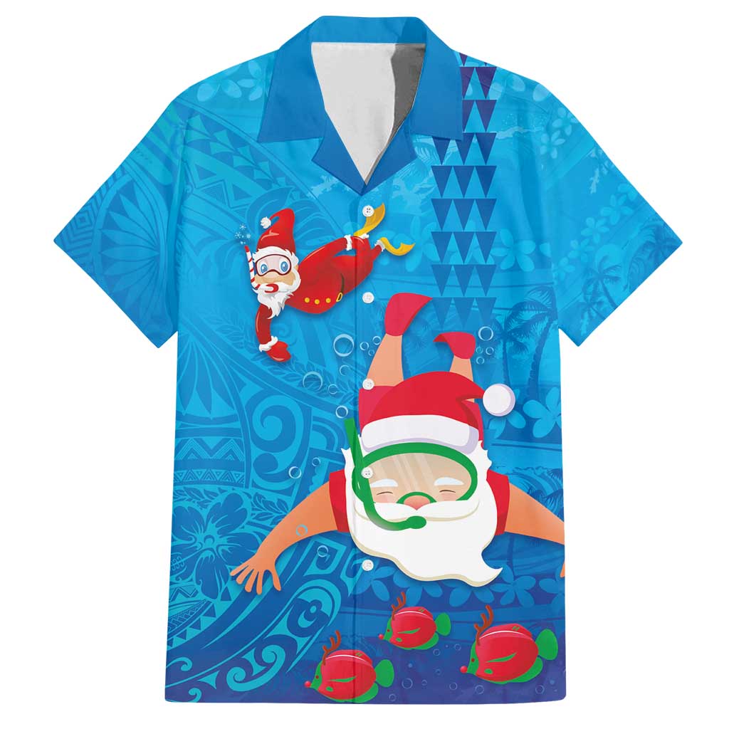 Hawaiian Santa Claus Snorkeling Family Matching Long Sleeve Bodycon Dress and Hawaiian Shirt Kakau and Polynesian Pattern