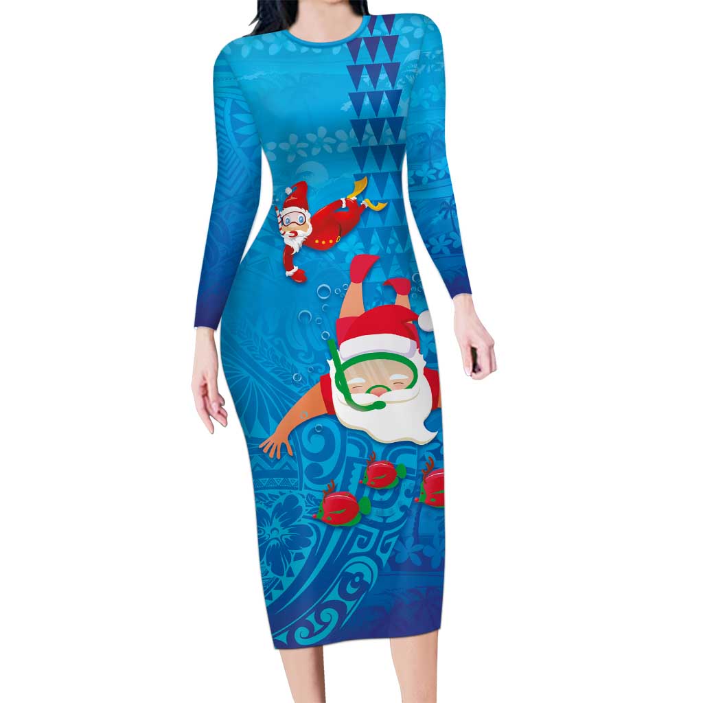 Hawaiian Santa Claus Snorkeling Family Matching Long Sleeve Bodycon Dress and Hawaiian Shirt Kakau and Polynesian Pattern