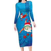 Hawaiian Santa Claus Snorkeling Family Matching Long Sleeve Bodycon Dress and Hawaiian Shirt Kakau and Polynesian Pattern