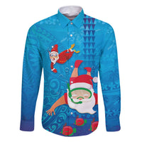 Hawaiian Santa Claus Snorkeling Family Matching Mermaid Dress and Hawaiian Shirt Kakau and Polynesian Pattern LT03 Dad's Shirt - Long Sleeve Blue - Polynesian Pride