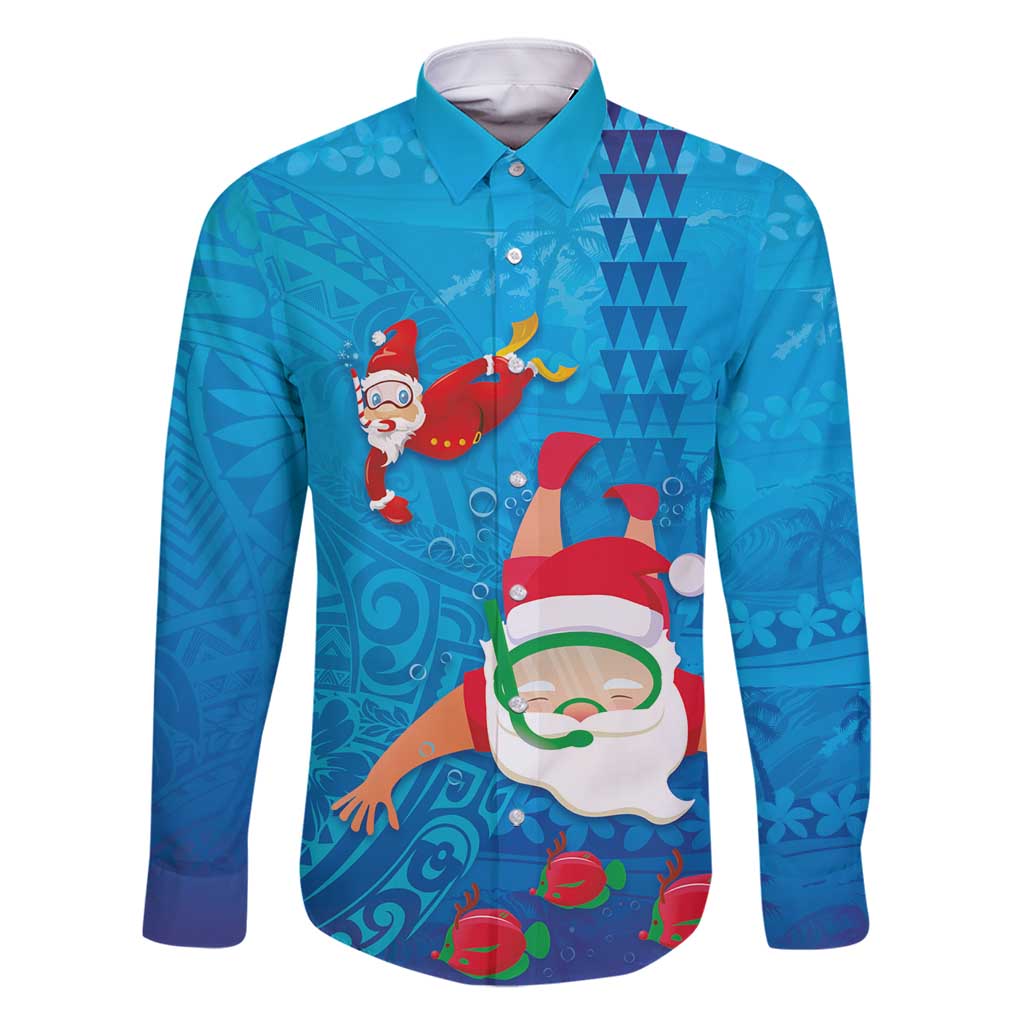 Hawaiian Santa Claus Snorkeling Family Matching Off Shoulder Short Dress and Hawaiian Shirt Kakau and Polynesian Pattern LT03 Dad's Shirt - Long Sleeve Blue - Polynesian Pride