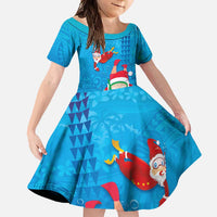 Hawaiian Santa Claus Snorkeling Family Matching Short Sleeve Bodycon Dress and Hawaiian Shirt Kakau and Polynesian Pattern LT03 Daughter's Dress Blue - Polynesian Pride