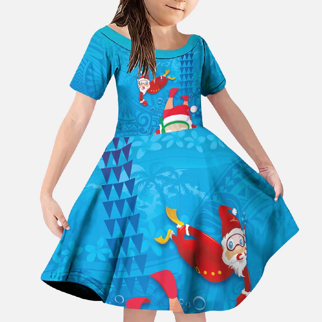 Hawaiian Santa Claus Snorkeling Family Matching Summer Maxi Dress and Hawaiian Shirt Kakau and Polynesian Pattern LT03 Daughter's Dress Blue - Polynesian Pride