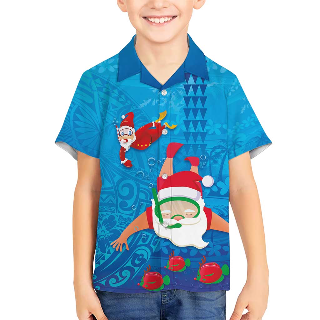 Hawaiian Santa Claus Snorkeling Kid Hawaiian Shirt Kakau and Polynesian Pattern LT03 Kid Blue - Polynesian Pride