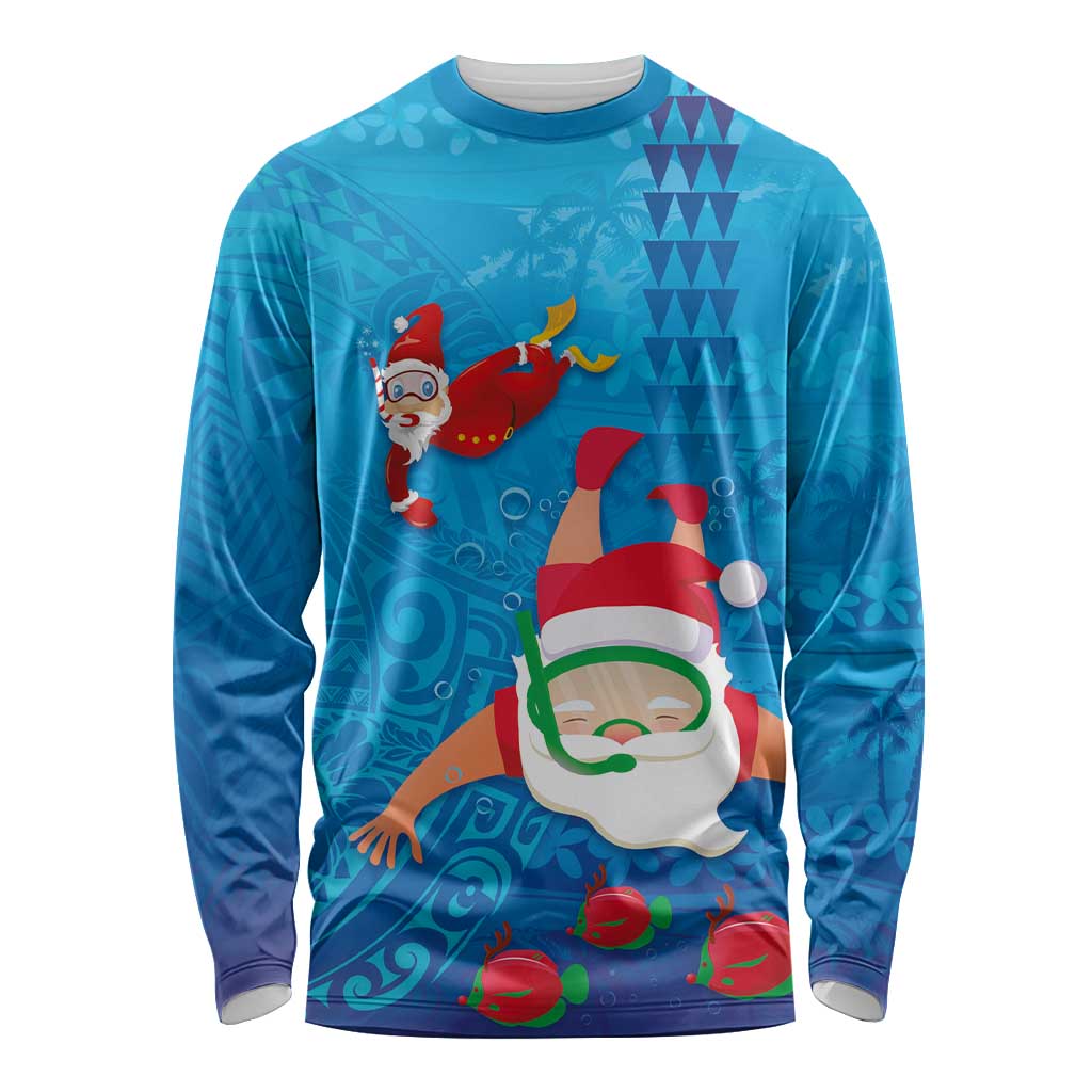 Hawaiian Santa Claus Snorkeling Long Sleeve Shirt Kakau and Polynesian Pattern LT03 Unisex Blue - Polynesian Pride