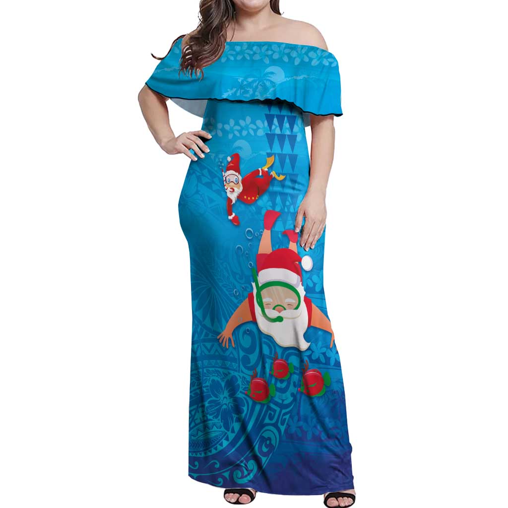 Hawaiian Santa Claus Snorkeling Off Shoulder Maxi Dress Kakau and Polynesian Pattern