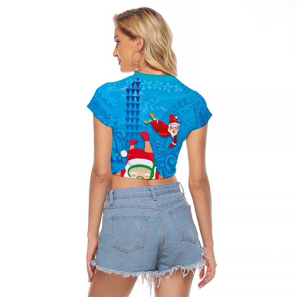 Hawaiian Santa Claus Snorkeling Raglan Cropped T Shirt Kakau and Polynesian Pattern