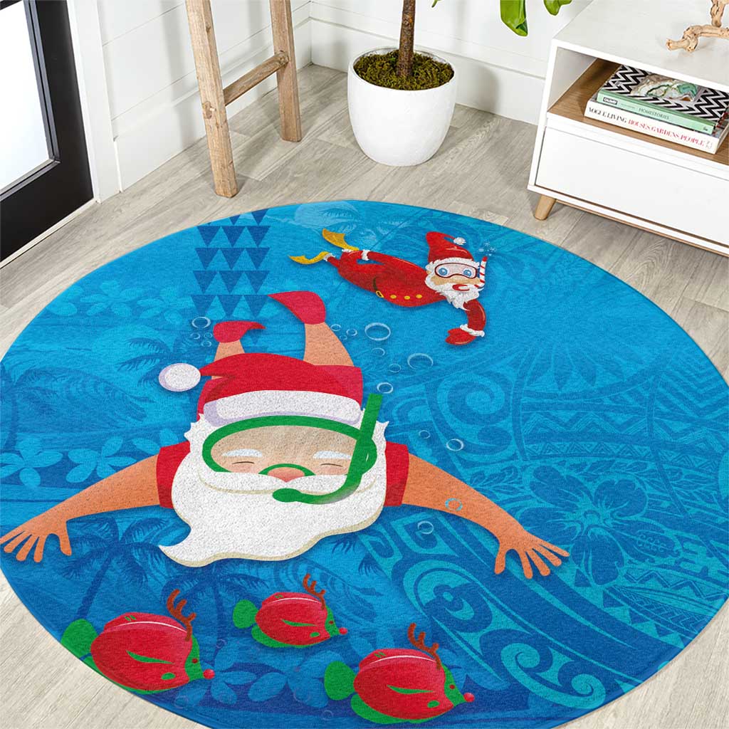 Hawaiian Santa Claus Snorkeling Round Carpet Kakau and Polynesian Pattern LT03 Blue - Polynesian Pride