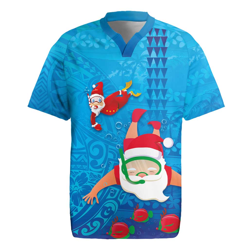 Hawaiian Santa Claus Snorkeling Rugby Jersey Kakau and Polynesian Pattern