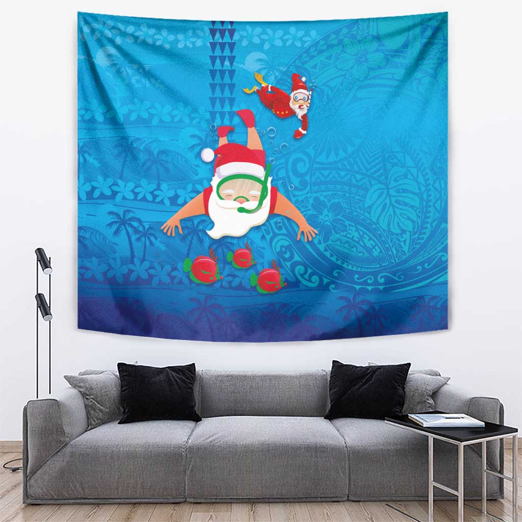 Hawaiian Santa Claus Snorkeling Tapestry Kakau and Polynesian Pattern LT03 Blue - Polynesian Pride