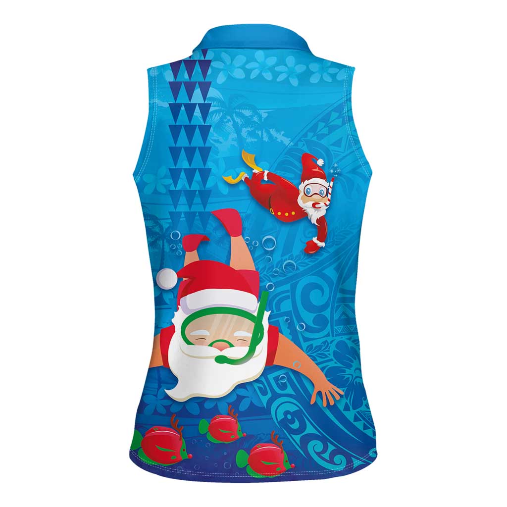 Hawaiian Santa Claus Snorkeling Women Sleeveless Polo Shirt Kakau and Polynesian Pattern
