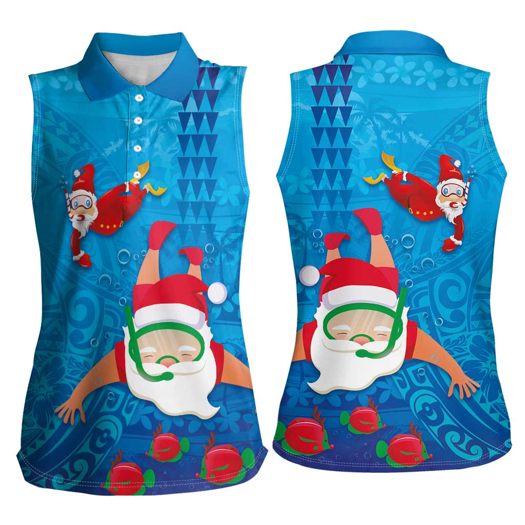 Hawaiian Santa Claus Snorkeling Women Sleeveless Polo Shirt Kakau and Polynesian Pattern