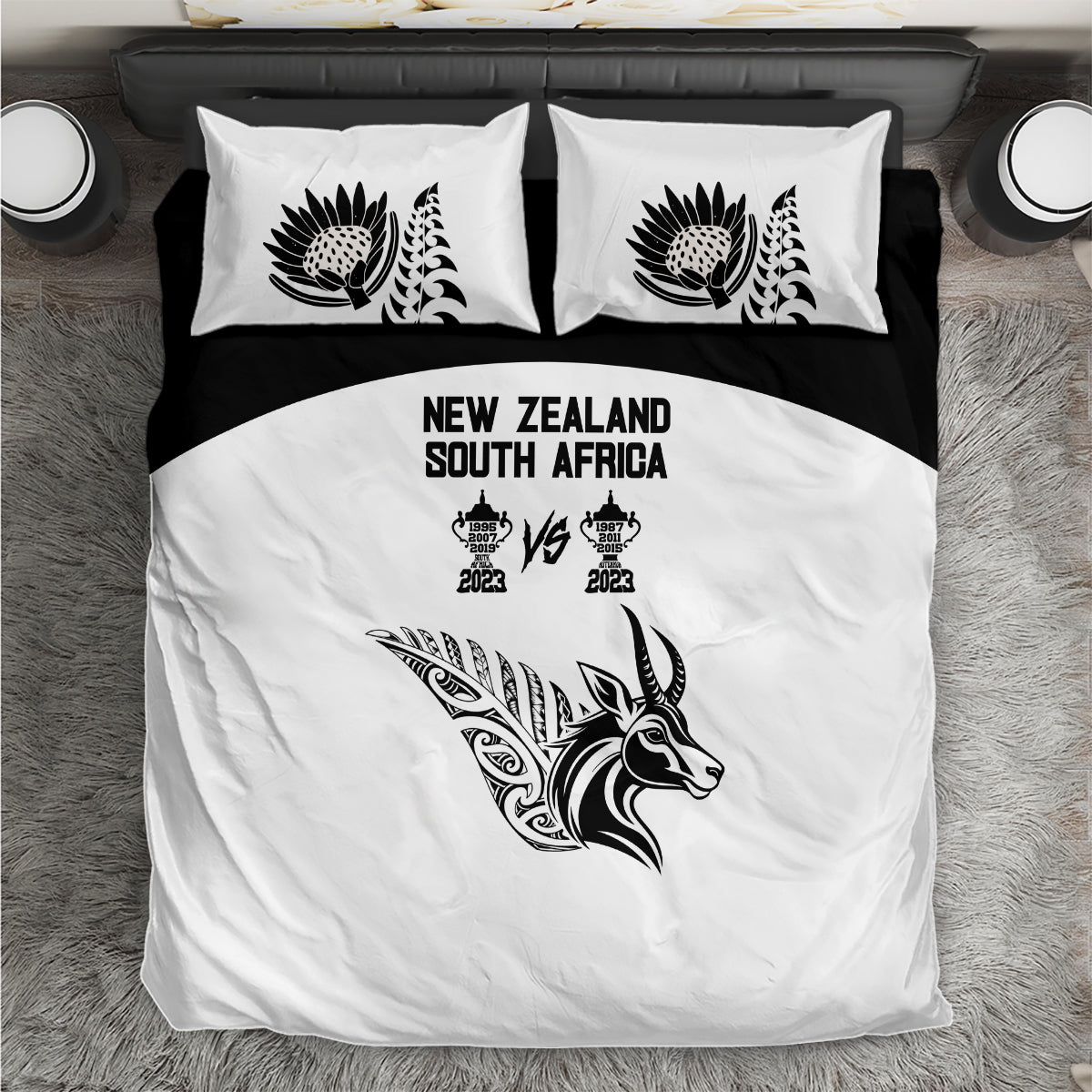 South Africa and New Zealand Bedding Set Champion History Go Final 2023 Vintage Style LT03 White - Polynesian Pride