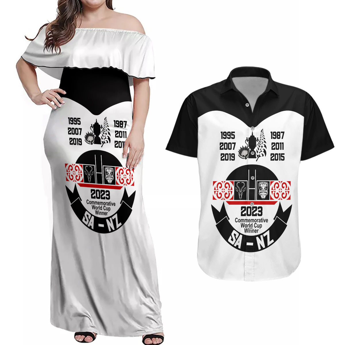 South Africa and New Zealand Couples Matching Off Shoulder Maxi Dress and Hawaiian Shirt Champion History Go Final 2023 Vintage Style LT03 White - Polynesian Pride