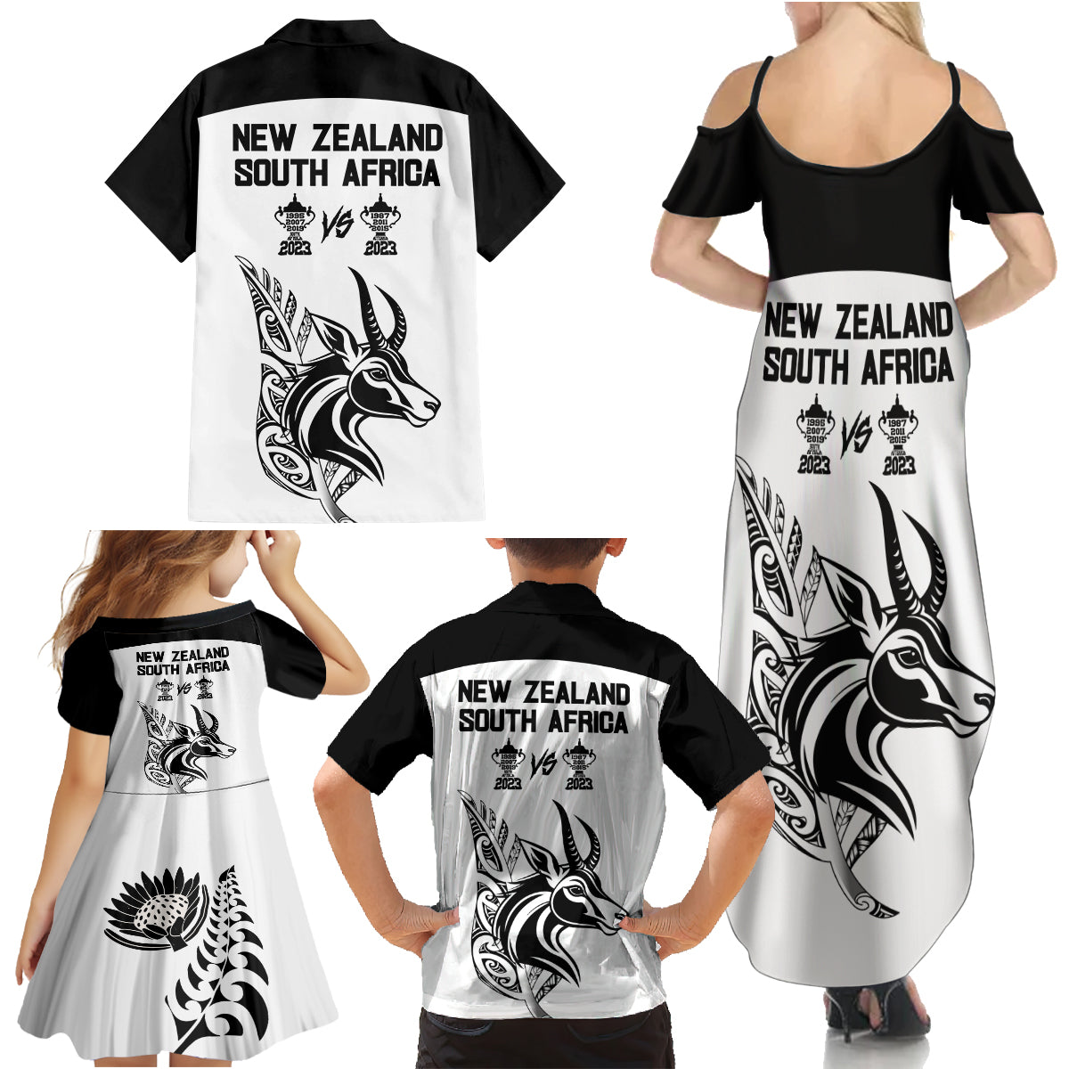 South Africa and New Zealand Family Matching Summer Maxi Dress and Hawaiian Shirt Champion History Go Final 2023 Vintage Style LT03 - Polynesian Pride