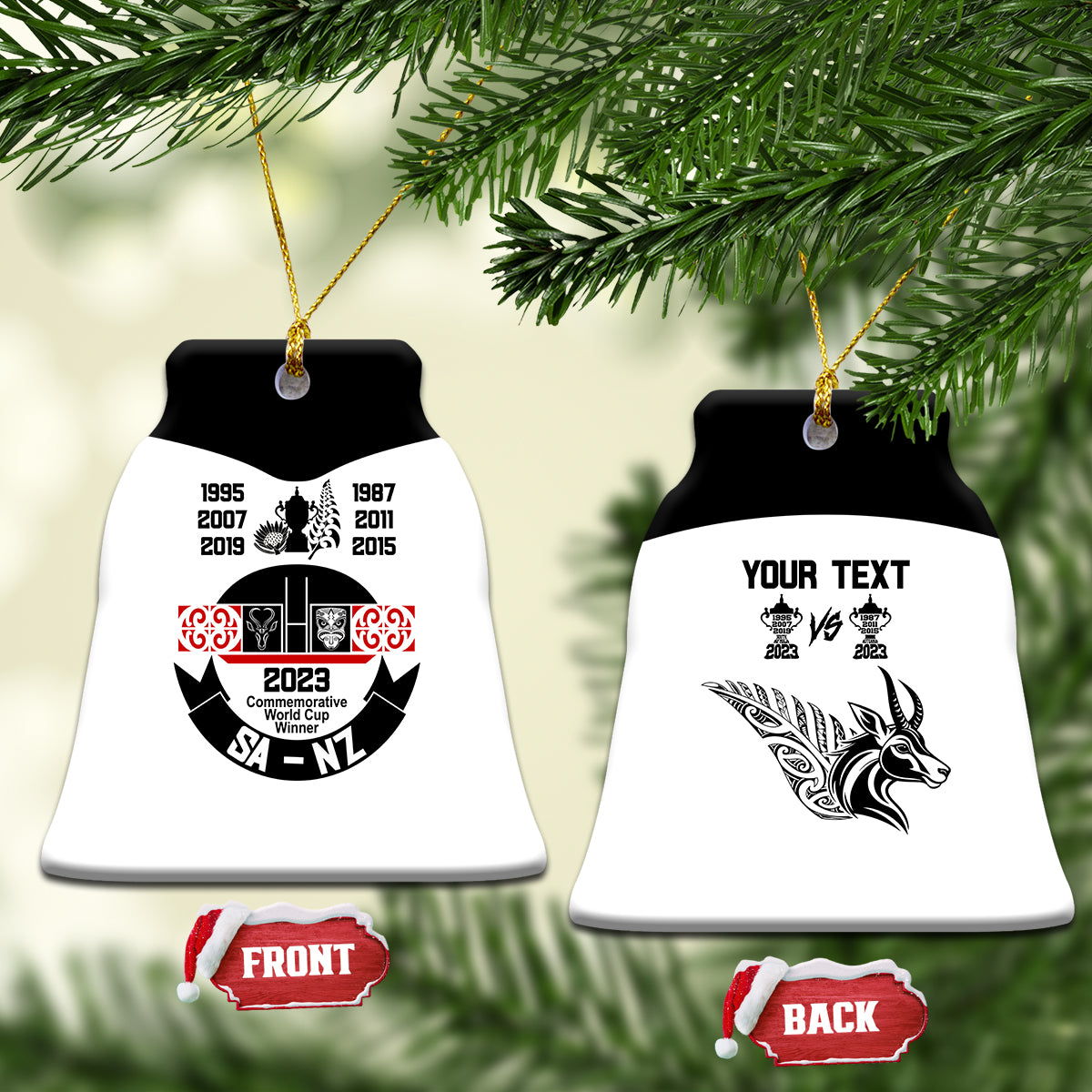 Personalised South Africa and New Zealand Ceramic Ornament Champion History Go Final 2023 Vintage Style LT03 Bell Flake White - Polynesian Pride