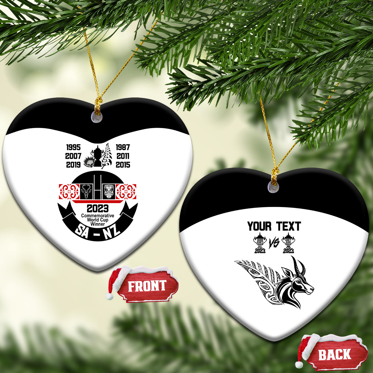 Personalised South Africa and New Zealand Ceramic Ornament Champion History Go Final 2023 Vintage Style LT03 Heart White - Polynesian Pride