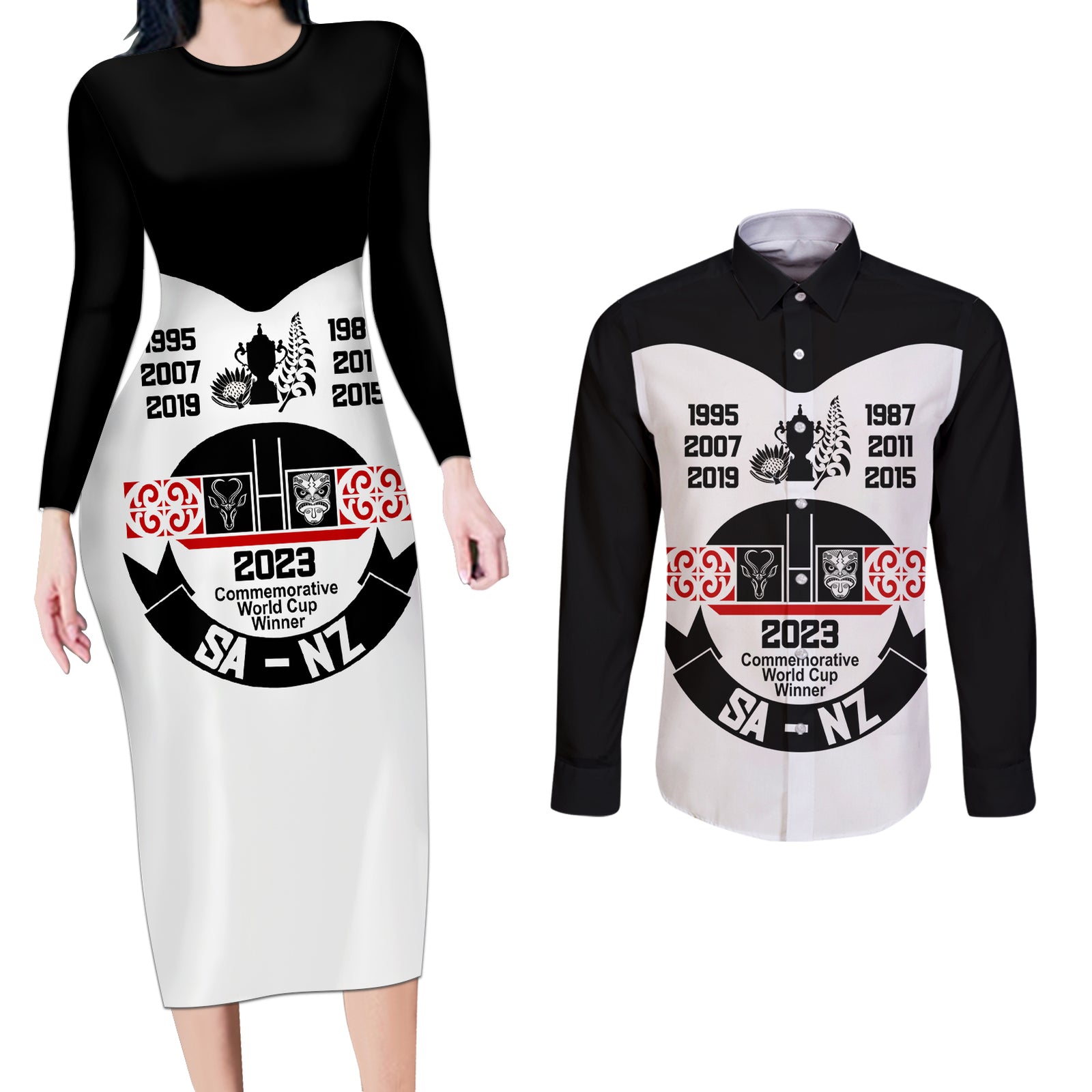Personalised South Africa and New Zealand Couples Matching Long Sleeve Bodycon Dress and Long Sleeve Button Shirt Champion History Go Final 2023 Vintage Style LT03 White - Polynesian Pride