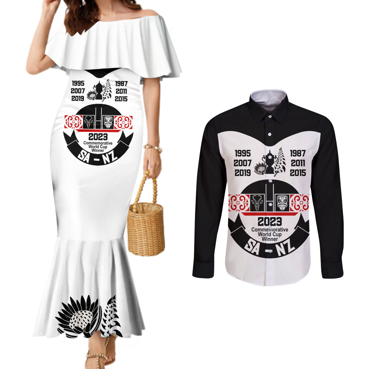 Personalised South Africa and New Zealand Couples Matching Mermaid Dress and Long Sleeve Button Shirt Champion History Go Final 2023 Vintage Style LT03 White - Polynesian Pride