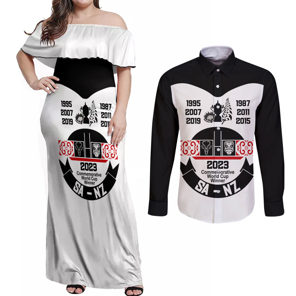 Personalised South Africa and New Zealand Couples Matching Off Shoulder Maxi Dress and Long Sleeve Button Shirt Champion History Go Final 2023 Vintage Style LT03 White - Polynesian Pride