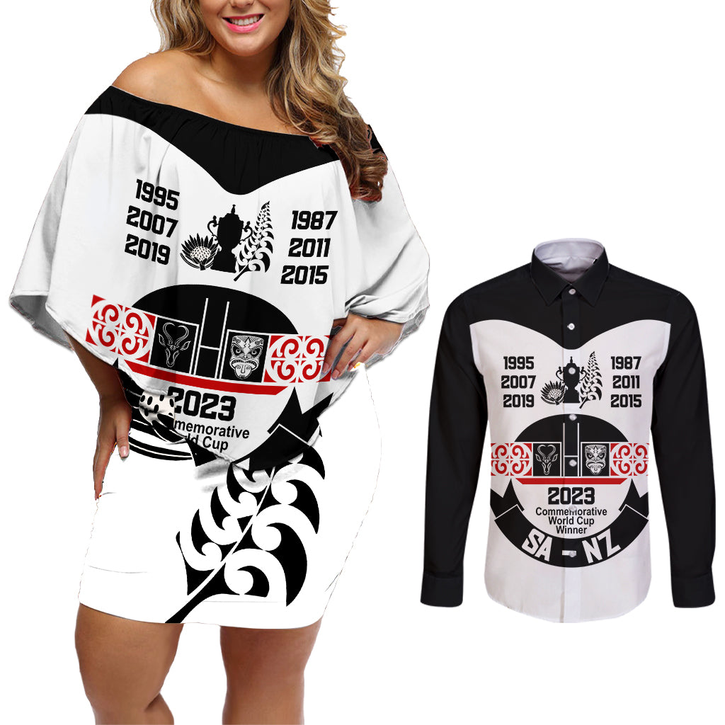 Personalised South Africa and New Zealand Couples Matching Off Shoulder Short Dress and Long Sleeve Button Shirt Champion History Go Final 2023 Vintage Style LT03 White - Polynesian Pride