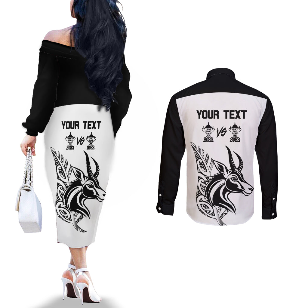 Personalised South Africa and New Zealand Couples Matching Off The Shoulder Long Sleeve Dress and Long Sleeve Button Shirt Champion History Go Final 2023 Vintage Style LT03 - Polynesian Pride