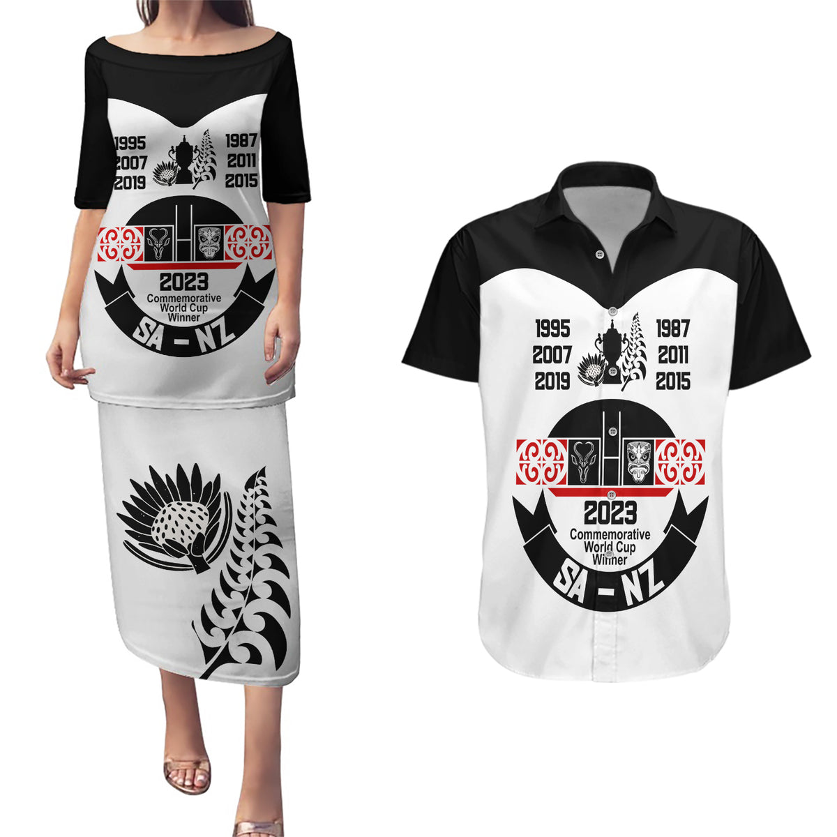 Personalised South Africa and New Zealand Couples Matching Puletasi Dress and Hawaiian Shirt Champion History Go Final 2023 Vintage Style LT03 White - Polynesian Pride