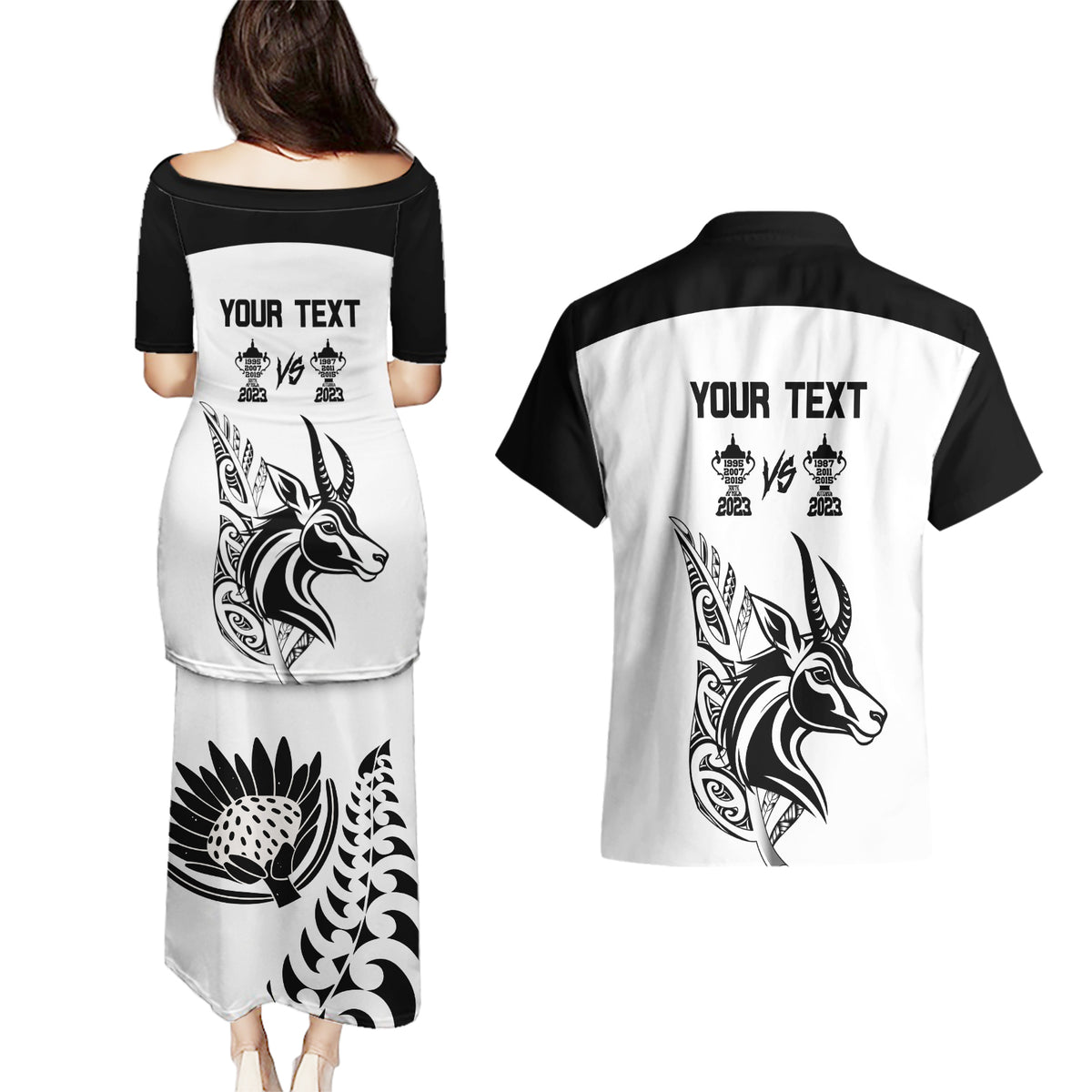 Personalised South Africa and New Zealand Couples Matching Puletasi Dress and Hawaiian Shirt Champion History Go Final 2023 Vintage Style LT03 - Polynesian Pride