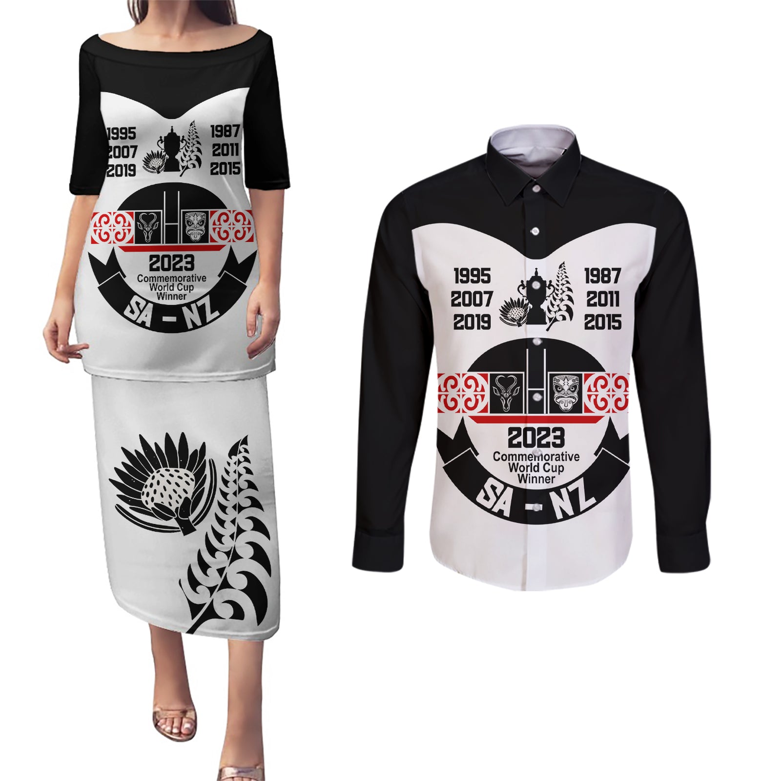 Personalised South Africa and New Zealand Couples Matching Puletasi Dress and Long Sleeve Button Shirt Champion History Go Final 2023 Vintage Style LT03 White - Polynesian Pride