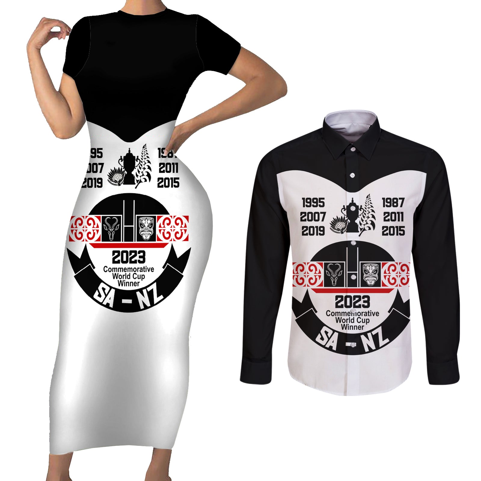 Personalised South Africa and New Zealand Couples Matching Short Sleeve Bodycon Dress and Long Sleeve Button Shirt Champion History Go Final 2023 Vintage Style LT03 White - Polynesian Pride