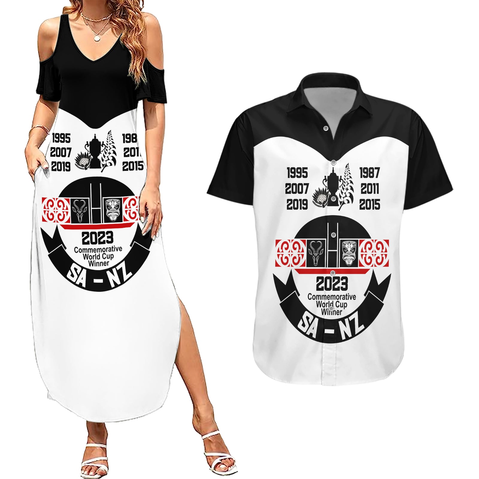 Personalised South Africa and New Zealand Couples Matching Summer Maxi Dress and Hawaiian Shirt Champion History Go Final 2023 Vintage Style LT03 White - Polynesian Pride