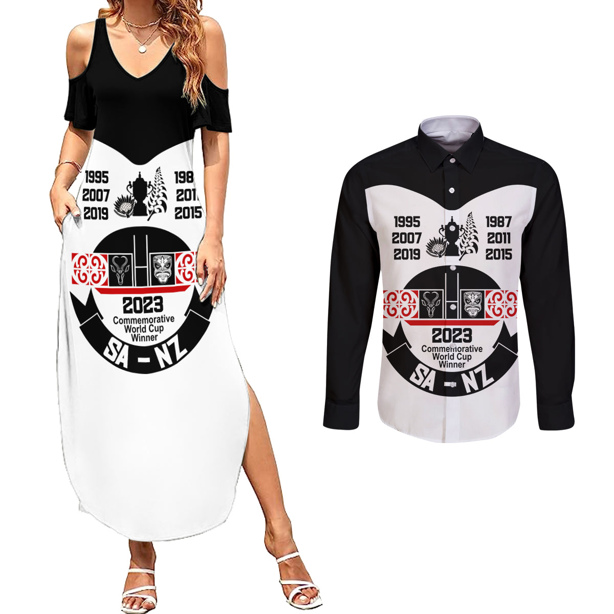 Personalised South Africa and New Zealand Couples Matching Summer Maxi Dress and Long Sleeve Button Shirt Champion History Go Final 2023 Vintage Style LT03 White - Polynesian Pride