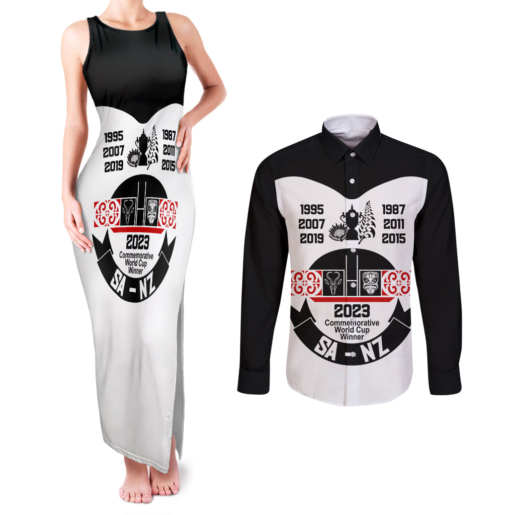 Personalised South Africa and New Zealand Couples Matching Tank Maxi Dress and Long Sleeve Button Shirt Champion History Go Final 2023 Vintage Style LT03 White - Polynesian Pride