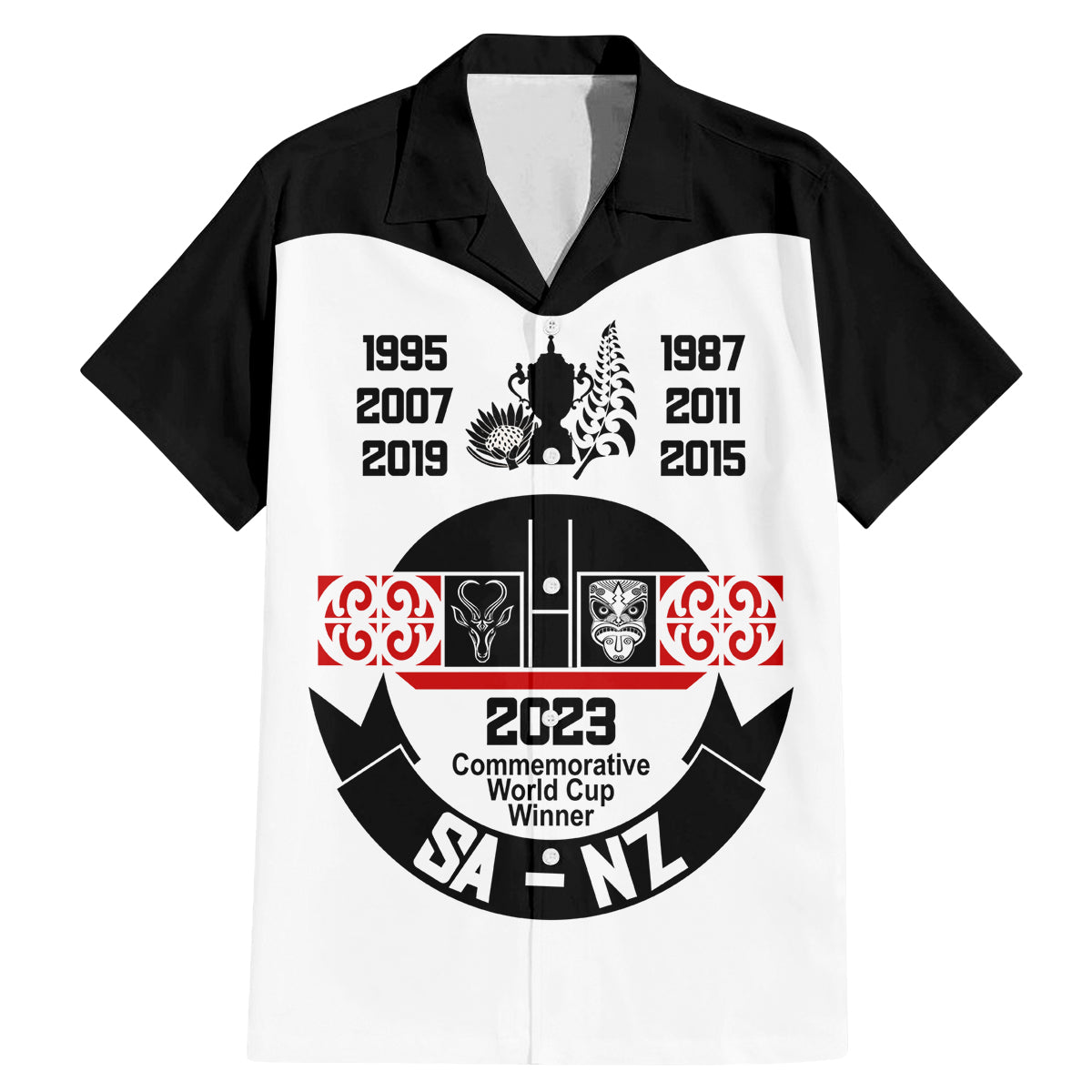 Personalised South Africa and New Zealand Family Matching Mermaid Dress and Hawaiian Shirt Champion History Go Final 2023 Vintage Style LT03 Dad's Shirt - Short Sleeve White - Polynesian Pride