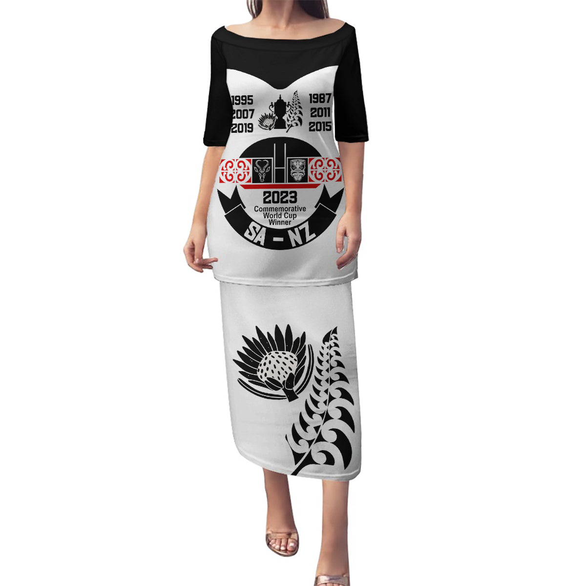 Personalised South Africa and New Zealand Family Matching Puletasi Dress and Hawaiian Shirt Champion History Go Final 2023 Vintage Style LT03 Mom's Dress White - Polynesian Pride