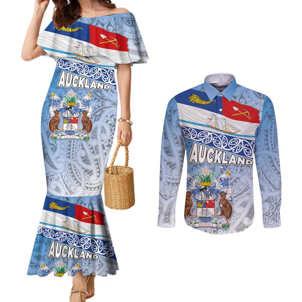 New Zealand Auckland Couples Matching Mermaid Dress and Long Sleeve Button Shirt Auckland's Flag and Coat of Arms - Koru Art Maori Pattern LT03 Light Blue - Polynesian Pride