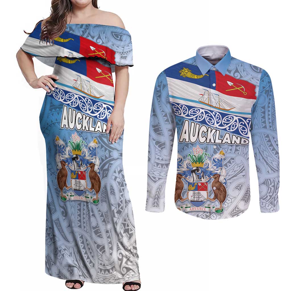New Zealand Auckland Couples Matching Off Shoulder Maxi Dress and Long Sleeve Button Shirt Auckland's Flag and Coat of Arms - Koru Art Maori Pattern LT03 Light Blue - Polynesian Pride