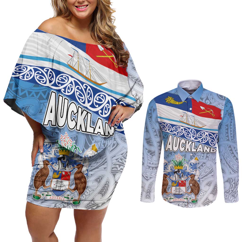 New Zealand Auckland Couples Matching Off Shoulder Short Dress and Long Sleeve Button Shirt Auckland's Flag and Coat of Arms - Koru Art Maori Pattern LT03 Light Blue - Polynesian Pride