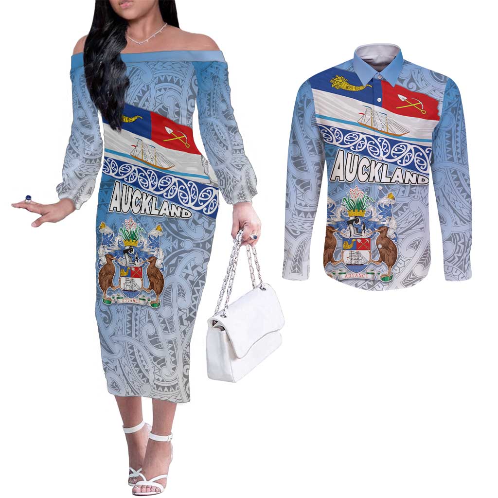 New Zealand Auckland Couples Matching Off The Shoulder Long Sleeve Dress and Long Sleeve Button Shirt Auckland's Flag and Coat of Arms - Koru Art Maori Pattern LT03 Light Blue - Polynesian Pride
