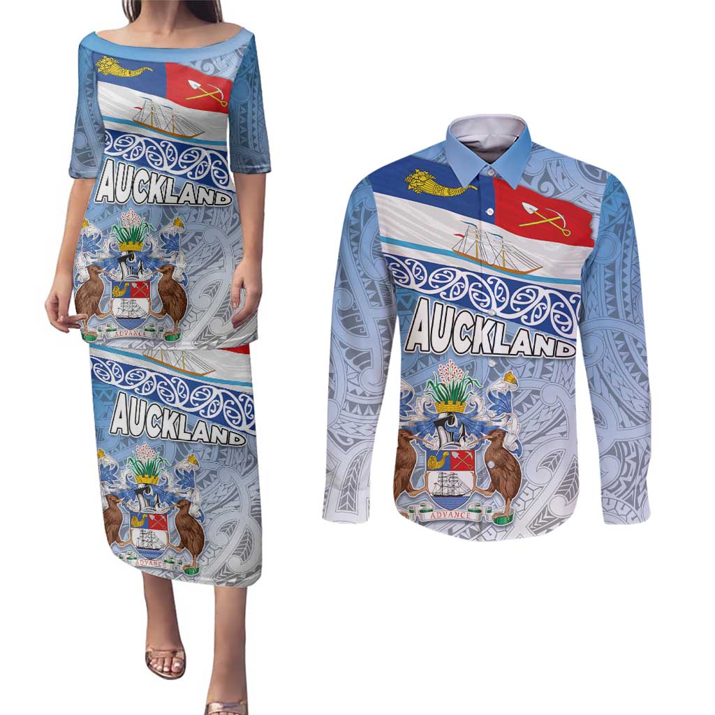 New Zealand Auckland Couples Matching Puletasi and Long Sleeve Button Shirt Auckland's Flag and Coat of Arms - Koru Art Maori Pattern LT03 Light Blue - Polynesian Pride