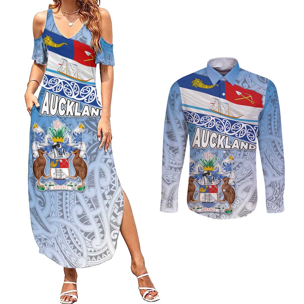 New Zealand Auckland Couples Matching Summer Maxi Dress and Long Sleeve Button Shirt Auckland's Flag and Coat of Arms - Koru Art Maori Pattern LT03 Light Blue - Polynesian Pride