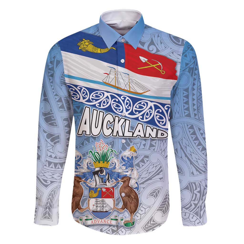 New Zealand Auckland Family Matching Mermaid Dress and Hawaiian Shirt Auckland's Flag and Coat of Arms - Koru Art Maori Pattern LT03 Dad's Shirt - Long Sleeve Light Blue - Polynesian Pride
