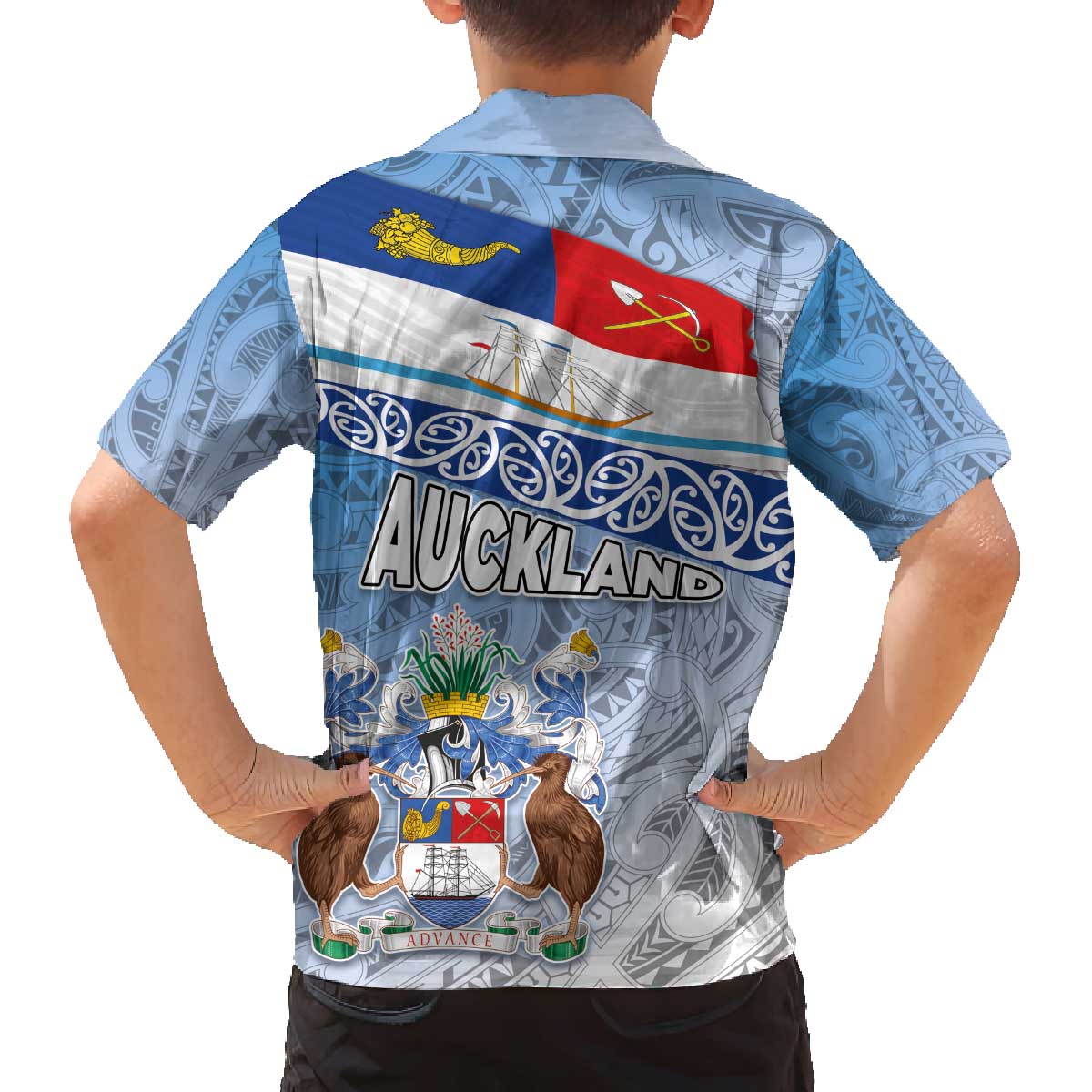 New Zealand Auckland Family Matching Off The Shoulder Long Sleeve Dress and Hawaiian Shirt Auckland's Flag and Coat of Arms - Koru Art Maori Pattern LT03 - Polynesian Pride