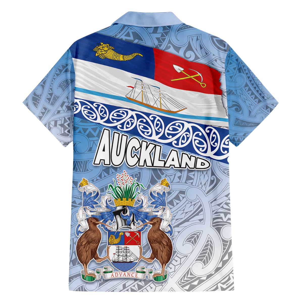 New Zealand Auckland Family Matching Off The Shoulder Long Sleeve Dress and Hawaiian Shirt Auckland's Flag and Coat of Arms - Koru Art Maori Pattern LT03 - Polynesian Pride
