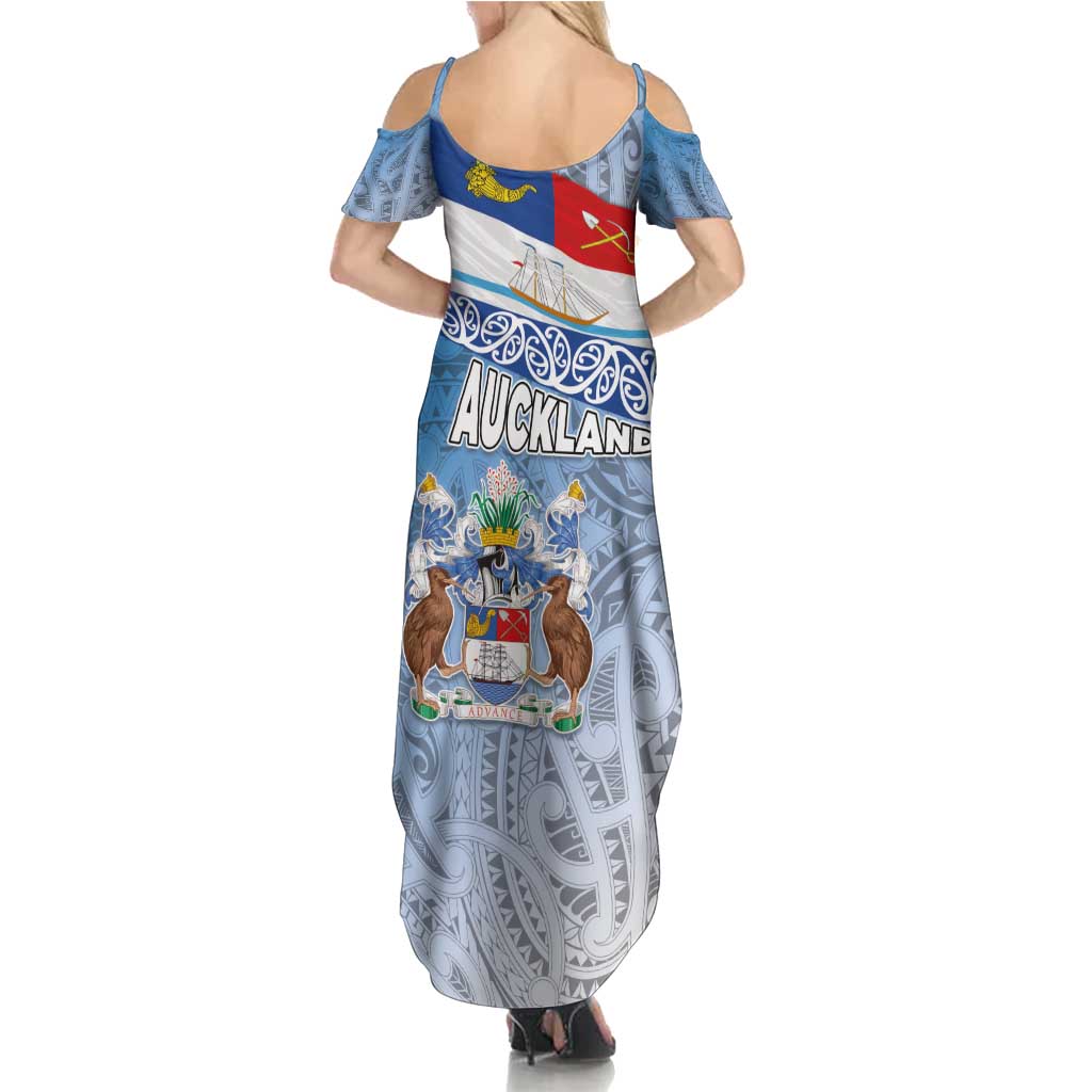 New Zealand Auckland Family Matching Summer Maxi Dress and Hawaiian Shirt Auckland's Flag and Coat of Arms - Koru Art Maori Pattern