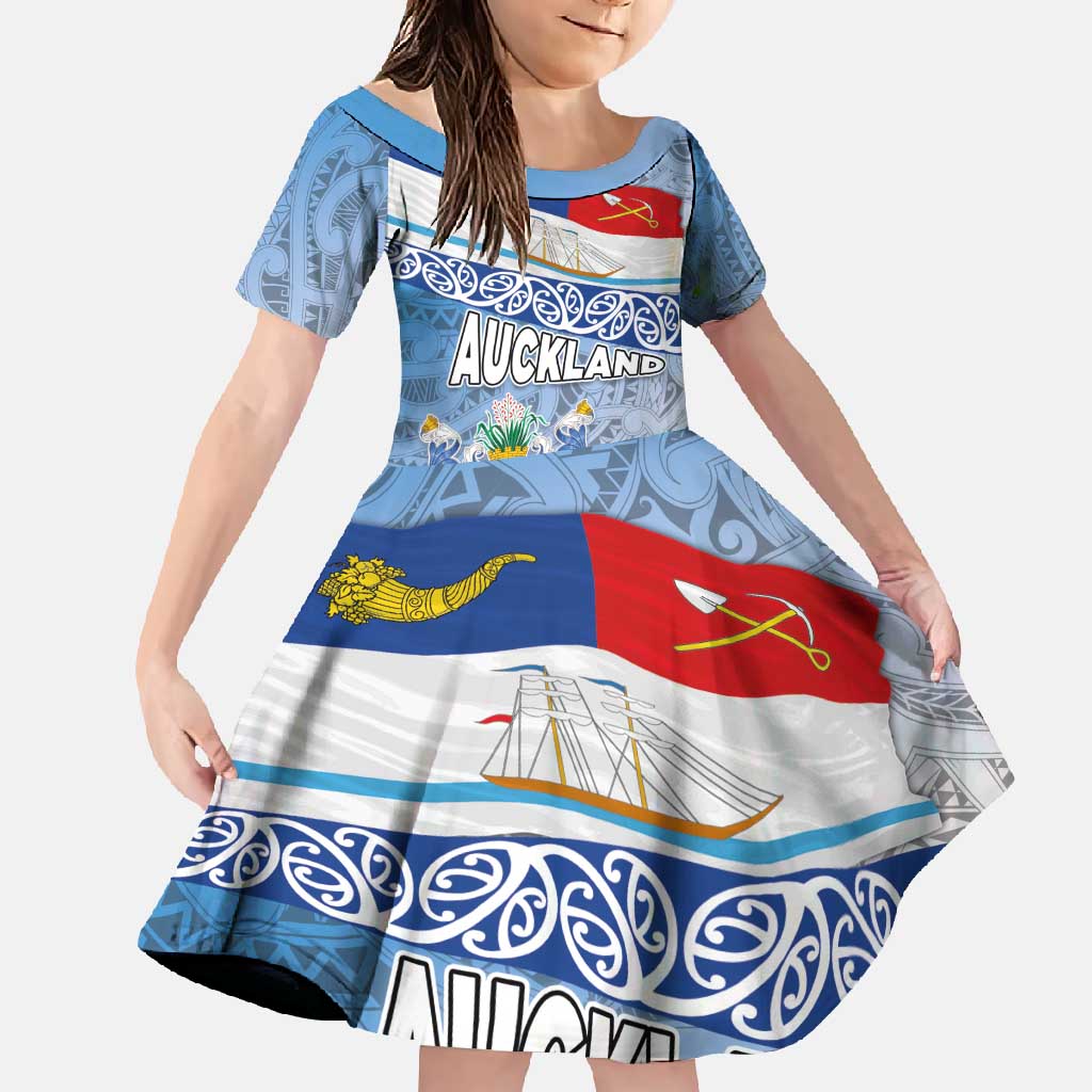 New Zealand Auckland Family Matching Tank Maxi Dress and Hawaiian Shirt Auckland's Flag and Coat of Arms - Koru Art Maori Pattern LT03 Daughter's Dress Light Blue - Polynesian Pride