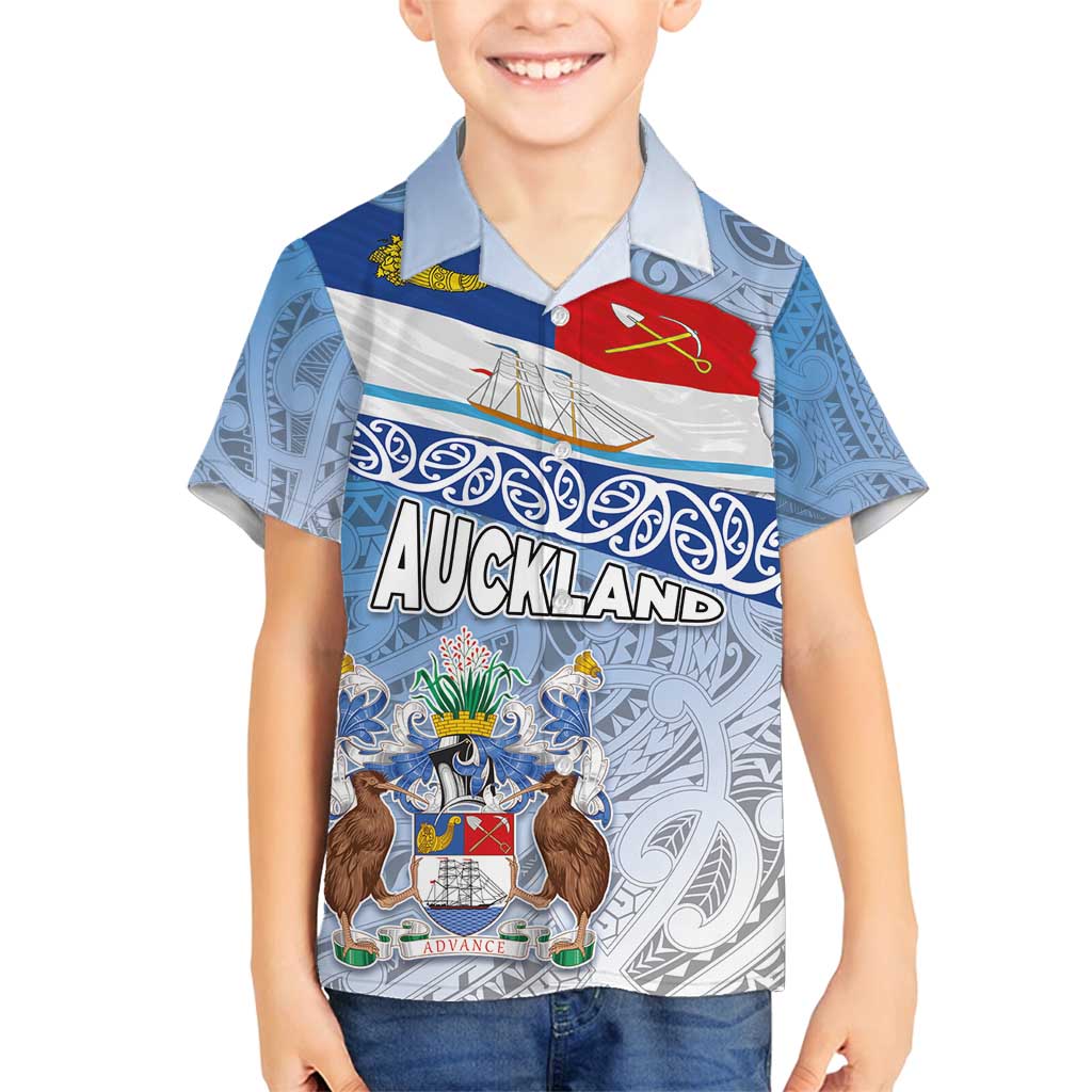 New Zealand Auckland Family Matching Tank Maxi Dress and Hawaiian Shirt Auckland's Flag and Coat of Arms - Koru Art Maori Pattern LT03 Son's Shirt Light Blue - Polynesian Pride