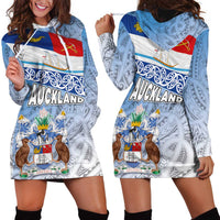 New Zealand Auckland Hoodie Dress Auckland's Flag and Coat of Arms - Koru Art Maori Pattern